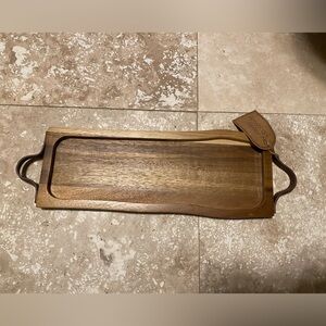 American Atelier Acacia wood rectangular tray leather handles charcuterie board
